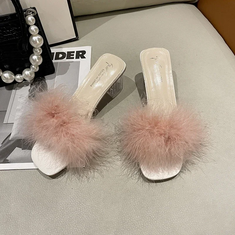 Hairy Sandals for Women 2024 New Style Thick Heel Transparent Heel Cool Slippers Summer One Step Casual Women's Sandals