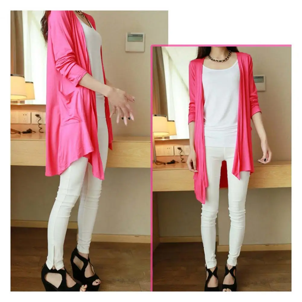 Long-sleeve Solid Color Jacket Stylish Mid-length Women's Cardigan with Pockets for Daily Wear Commuting Loose Fit Spring/fall