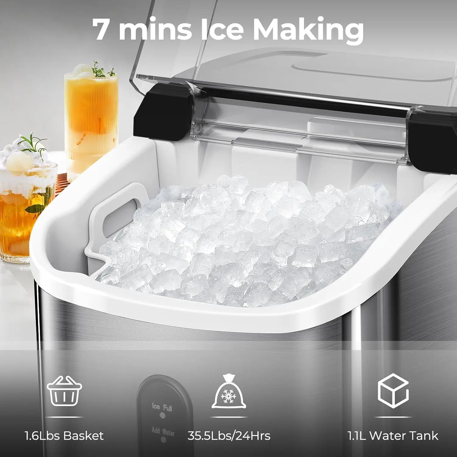 Ice Makers Countertop with Soft Chewable Pellet Ice, 7 Mins Ice Making, 35.5Lbs/24Hrs, Pebble Ice Maker Machine with Self-Cleani