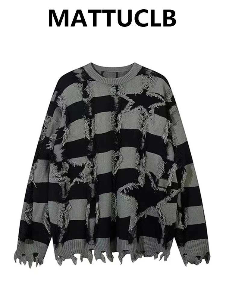 

2025 Autumn Winter Women Striped Sweater Loose Knitwear 2000s Aesthetic Ripped Pullovers Jumper Thick Harajuku Fashion Y2k New