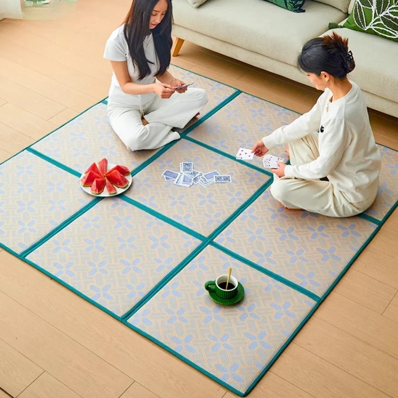 Foldable Cooling Rattan Tatami Mat Japanese-Style Floor Cushion for Summer Living Room/Balcony Non-Slip Baby Crawling Play Mat