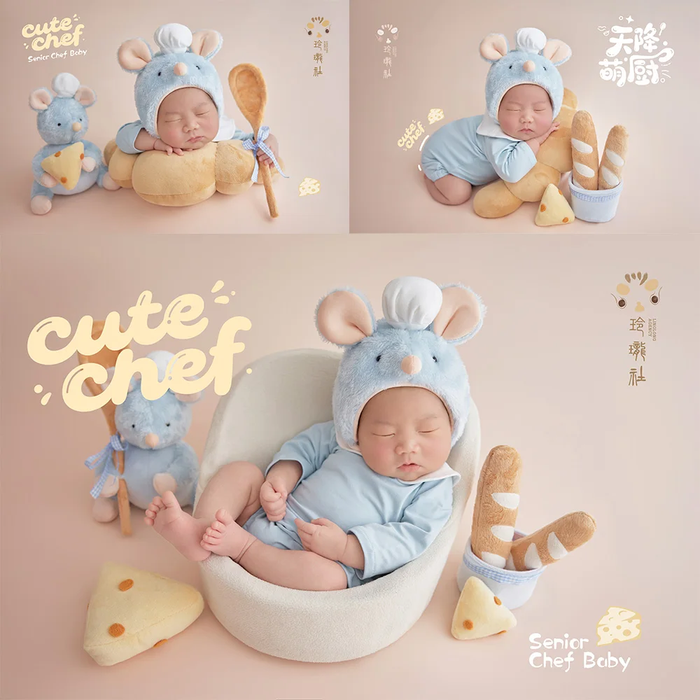 

Newborn Milestone Photography Props Blue Chef Mouse Hat+baby Romper Set Plush Cheese Spoon Prop Chef Mouse Doll for Studio Photo