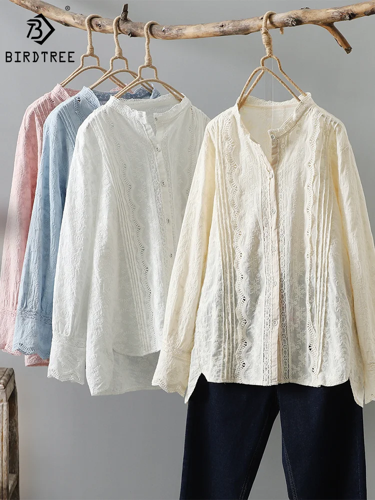 New Autumn Cotton Shirts Women Embroidery Lace Tops Girl Single Breasted Ruched Collor Loose Casual Retro Blouse Spring T39120QM