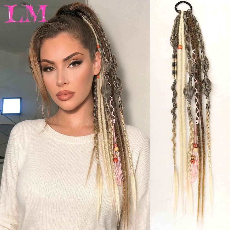 Braided Ponytail Extension with Elastic Tie zBraid with Decorative Beads Bohemian Synthetic Hair for Women Festival Rave Cosplay