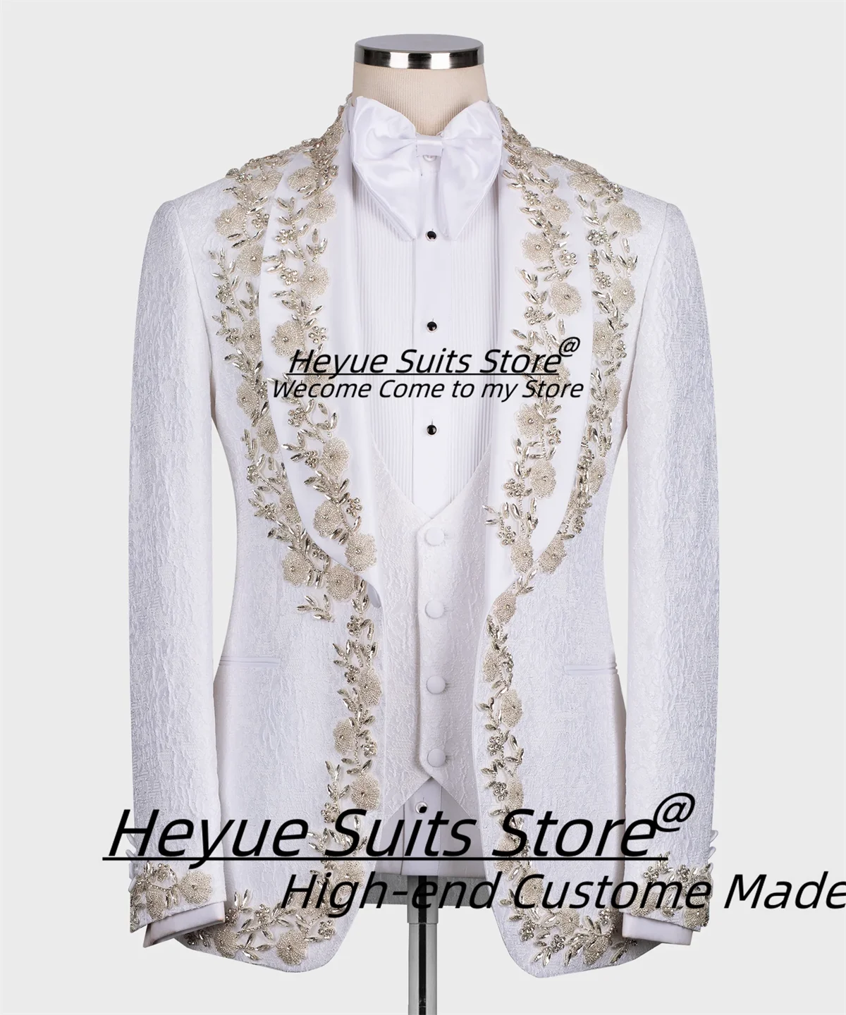 

High-end White Shawl Lapel Groom Wedding Tuxedos Customized Slim Fit Bead Embroidery 2 Pieces Sets Male Prom Blazers Ropa Hombre