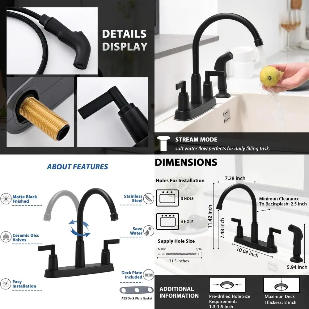 

Stainless Steel High Arc 360 Swivel 2-Handle Faucet with Side Spray, Matte Black, for Kitchen, RV, Laundry, and Bar Sinks