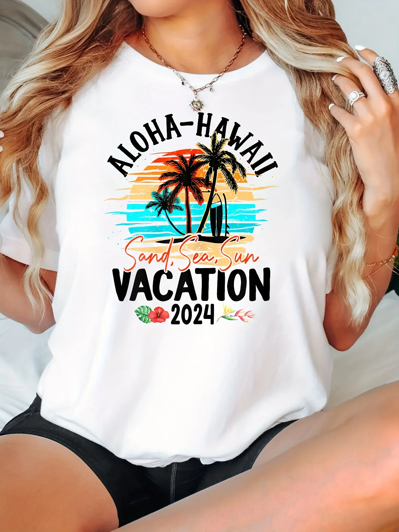 Women's Casual Short Sleeve Crew Neck Top for Spring & Summer Aloha Hawaii Print T-shirt