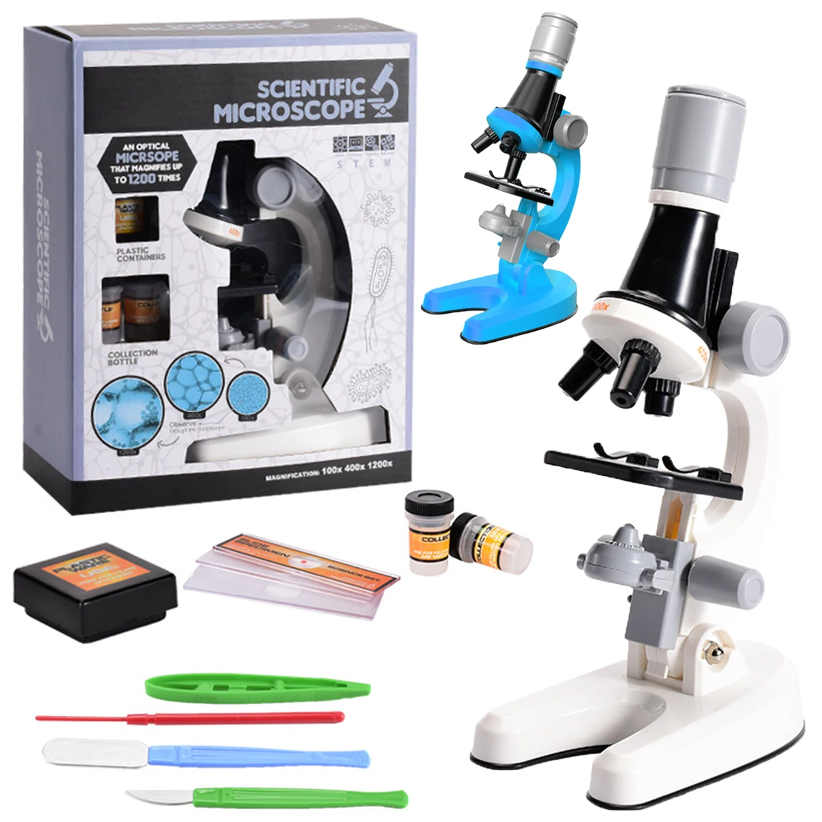 100-1200X Teaching Microscope Kit High Magnification Student Biological Observation Learning Specimen with Slide LED Light