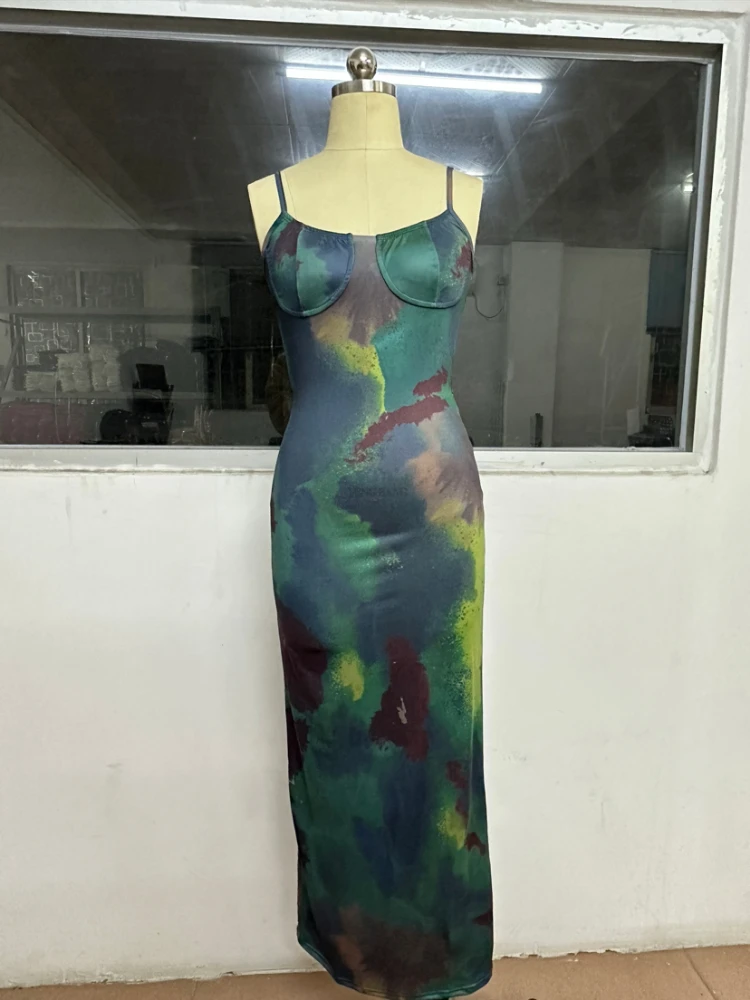 EOENKKY Abiti lunghi estivi Donna Elegante cinturino per spaghetti Abito sottile Vintage Tie Dye Stampa Abiti casual da donna 2025