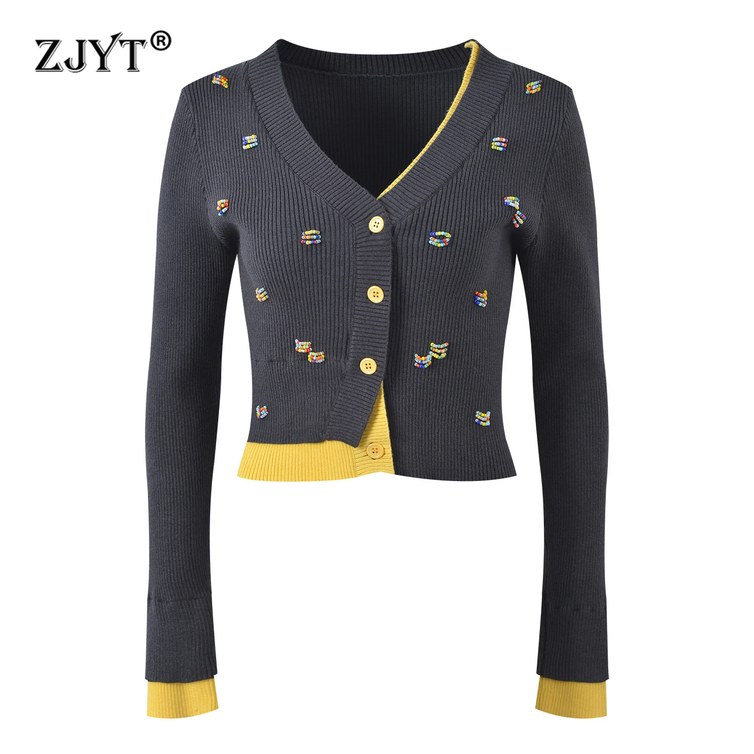 

ZJYT Spring 2026 Fashion Beading Cardigan Sweaters for Women V Neck Knitting Tops Long Sleeve Knitwears Jersey Mujer Yellow