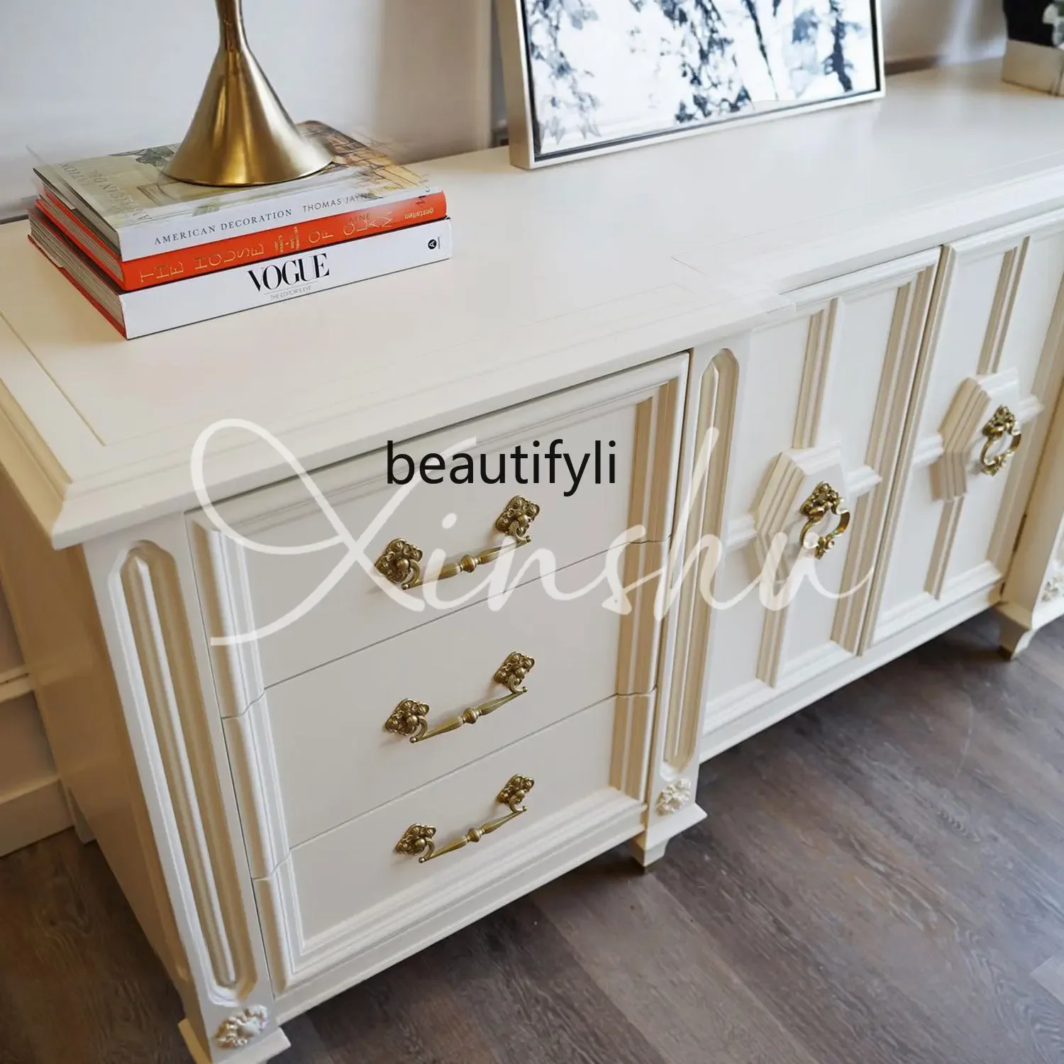 07 الفرنسية كريم الأبيض الخشب الصلب غرفة المعيشة جدار خزانة غرفة نوم السرير درج تخزين #4