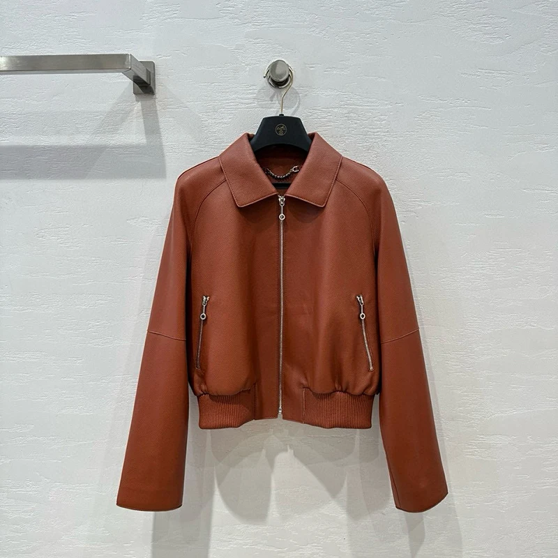 天然レザージャケット春秋の女性のシープスキンライチストリア小さなラペルジッパーショートルーズカジュアルコート Echtes Leder Jacke