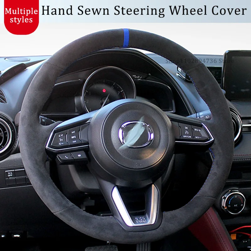 Protector para volante de coche cosido a mano, Alcantara Real negra, para Mazda 3 Mazda 5 Mazda 6 2003-2015 CX5 Mazda CX-9