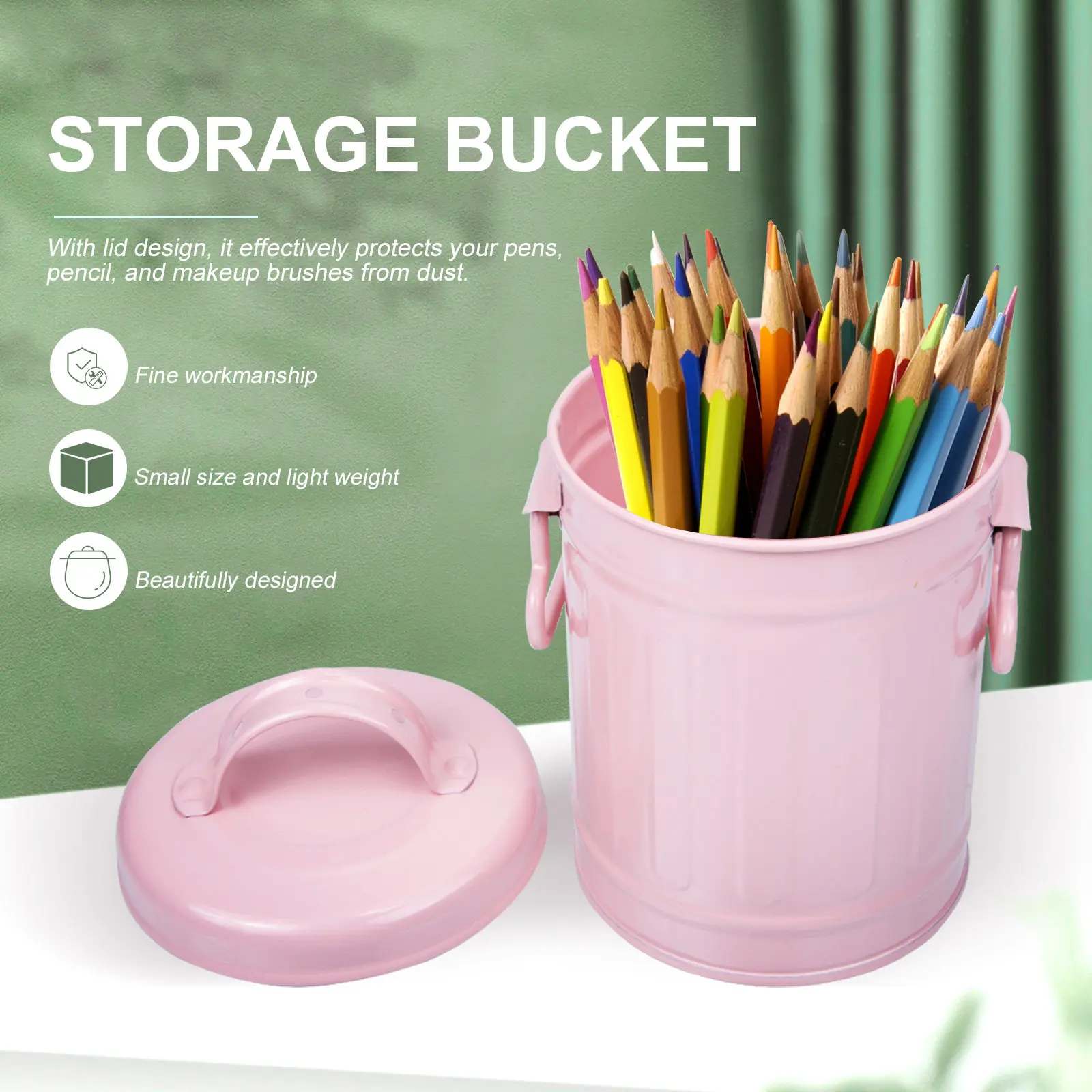 Pink Cartoon Iron Pen Holder Desktop Storage Bucket Makeup Brush Container Stationery Organizer Office School Study Room