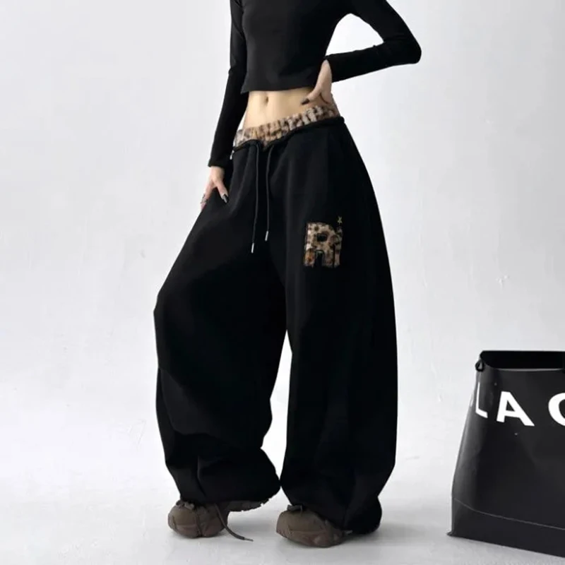 American Vintage Leopard Patchwork Pants Women Jazz Hiphop Lazy Wide Leg Trousers Casual Loose Harajuku Y2K Street Black Pants