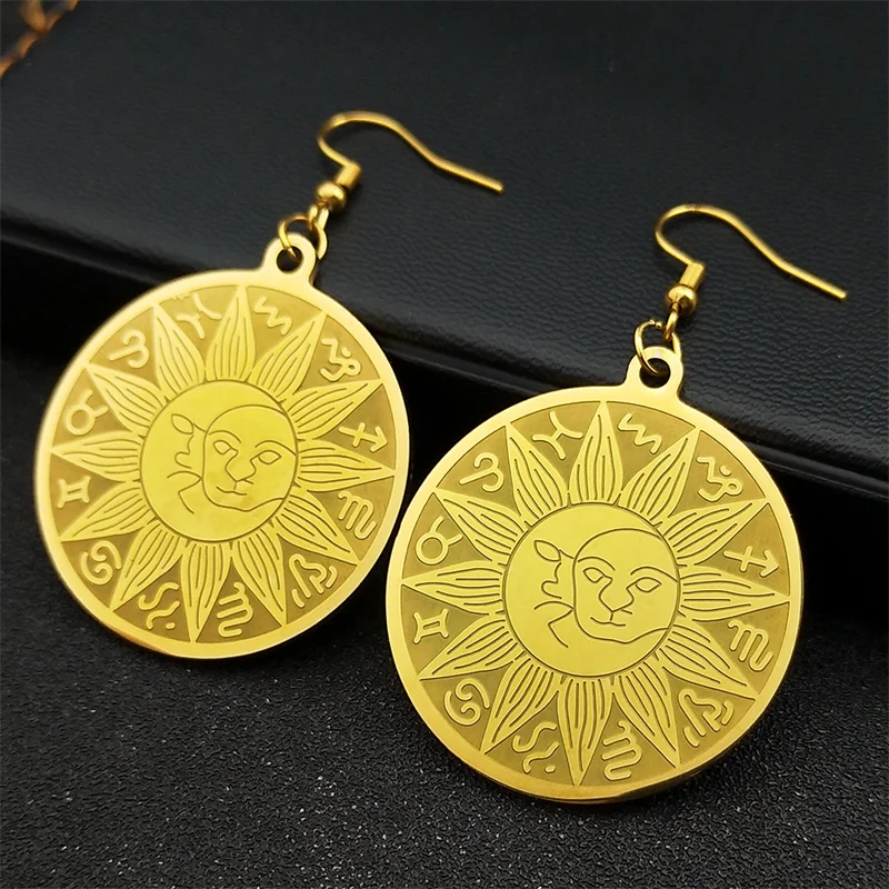 12 Constellation Sun and Moon Earrings for Women Stainless Steel Gold Color Witch Astrology Dangle Earring Jewelry E3426S02