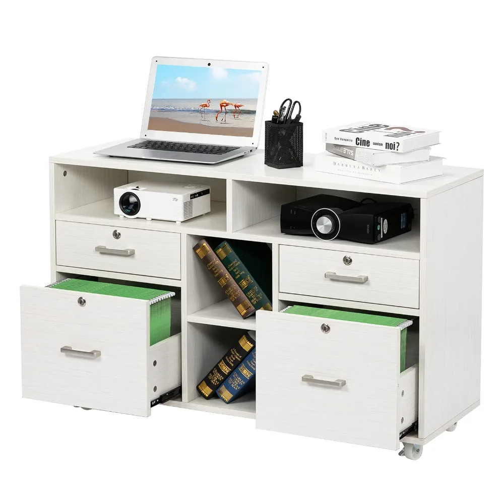 

Wood Mobile File Cabinet with 4 Drawers and Shelves, Lockable Lateral Filing Cabinet for Home