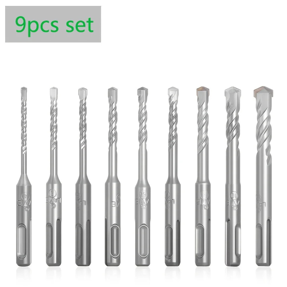 

‌9Pcs SDS Plus Hammer Bits - Two-Point/Slot for Concrete/Masonry | Round Shank Impact Drill Set | Construction & DIY‌