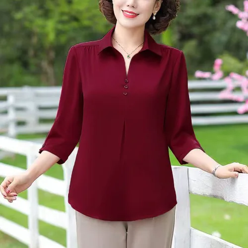 Imagen 2 del producto 1 Uds. Blusas lisas de verano para mujer, camisa para mujer, Jersey fino, camisa informal para mujer de media manga con cuello vuelto, Top holgado, ropa para mamá