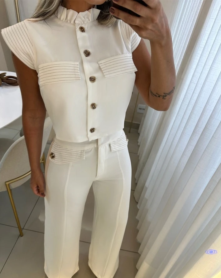 Women's Elegant Two Piece Set Work Clothing Striped Frill Hem Stand Collar Cap Short Sleeve Button Top and Flap Detail Pants Set