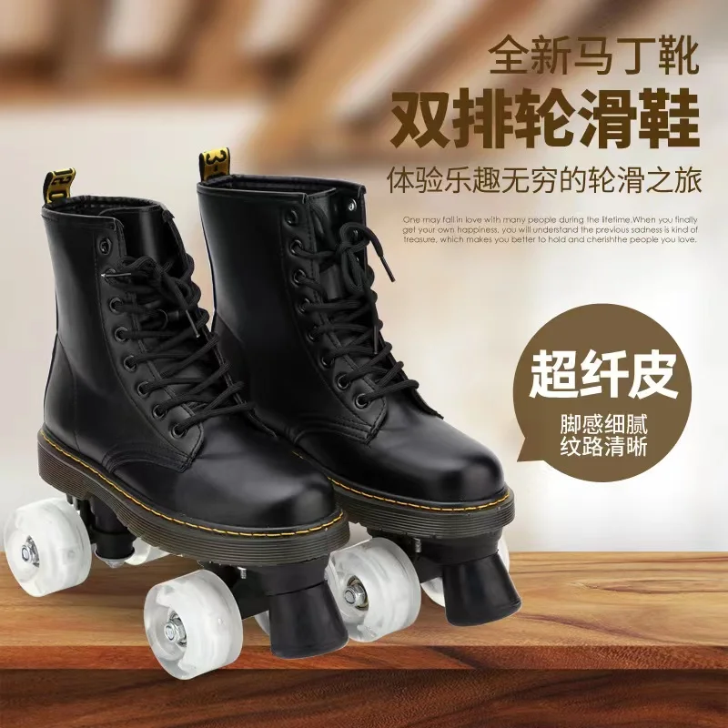 Microfiber Leather Roller Skates Boots, 4 Wheels Shoes, Black, Adult, Double Row, Quad Sliding Sneakers, Warm, Autumn, Winter