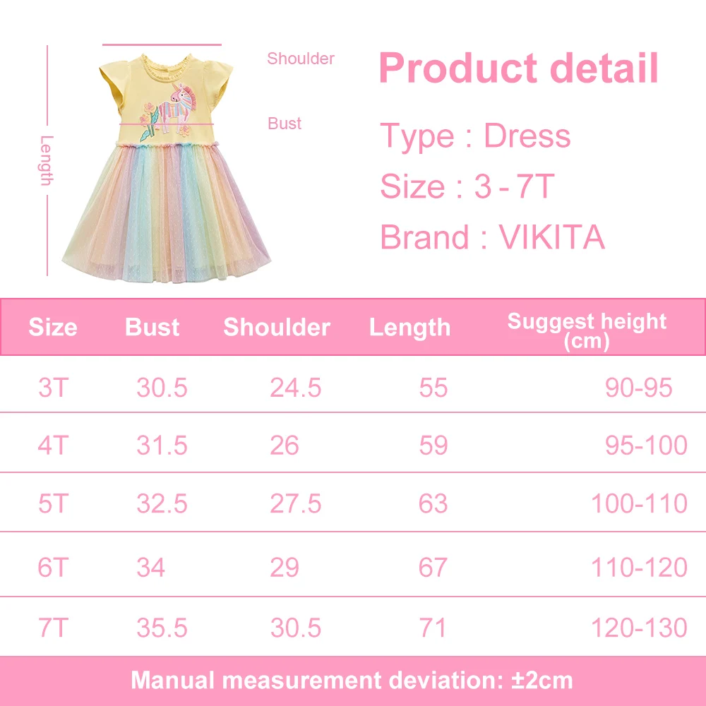 VIKITA 2025 New Summer Girls Licorne Cartoon Appliqued Flare Sleeve Dress Kids Patchwork Yellow Rainbow Multicolor Colorful Wear