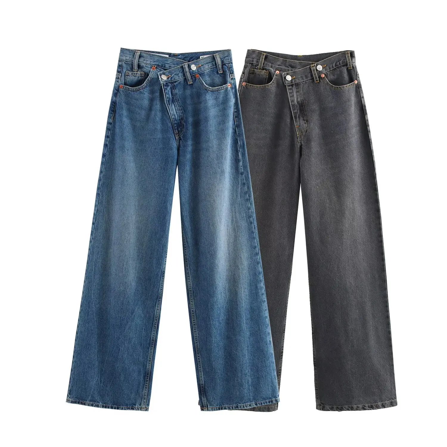 

Withered 2026 European And American Autumn New Casual Versatile Buckle Made Old Denim Wide Leg Pants Long Pants For Women