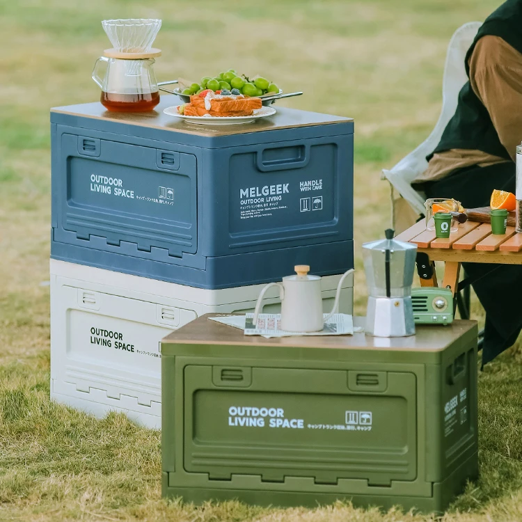 Sesame Multifunctional Plastic Outdoor Storage Boxes Foldable Camping Bins With Wooden Lid And Wheels