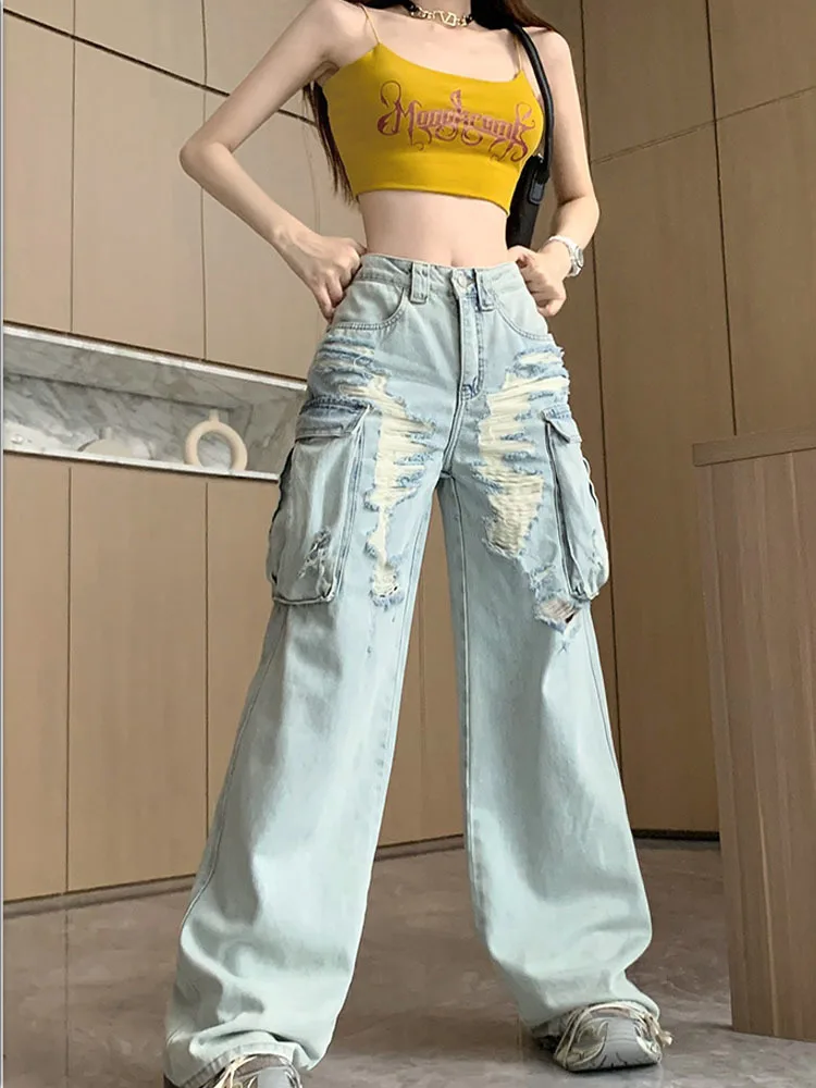 American Retro Blue Hole Denim 2024 Summer Women's Street Retro Low Waist Jeans Spicy Girl Wide Leg Pants Loose Long Pant