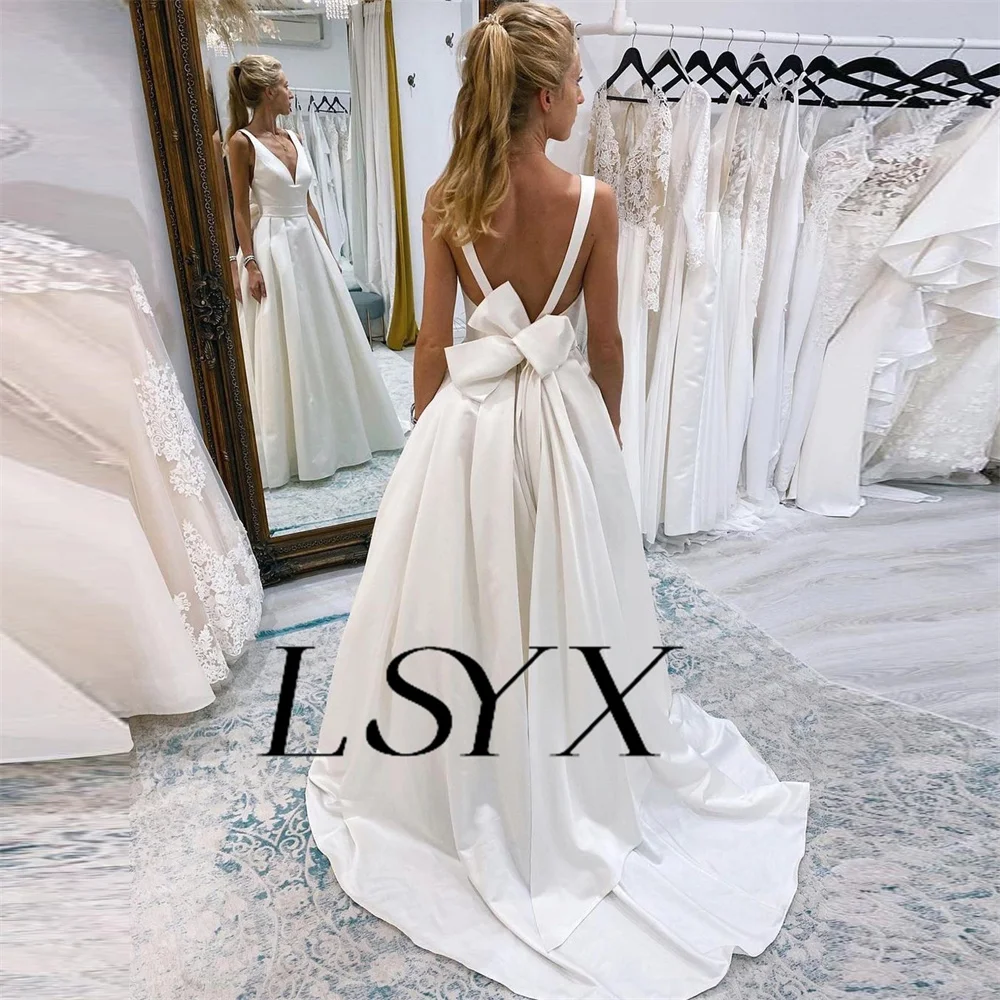 LSYX-Robe de Mariée Blanche en Satin avec Col en V Simple, Ligne A, Dos Ouvert, Train, Patients, Sur Mesure