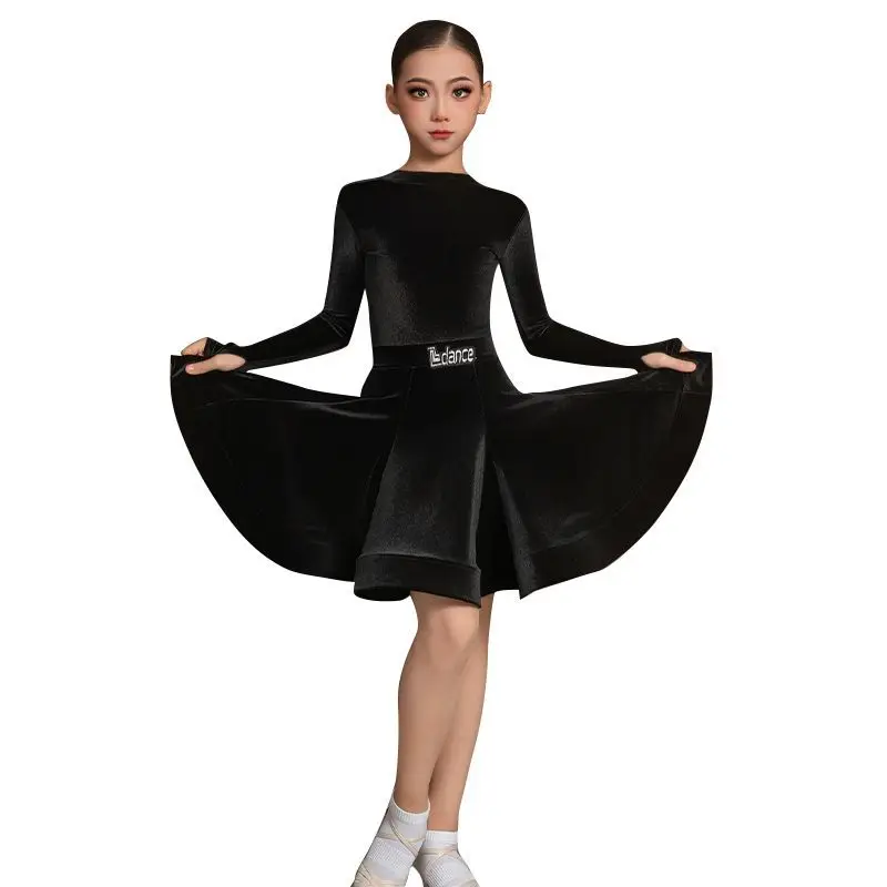 女の子のラテンダンストレーニング服 秋と冬 長袖ラテンダンススカート ステージパフォーマンス競技服