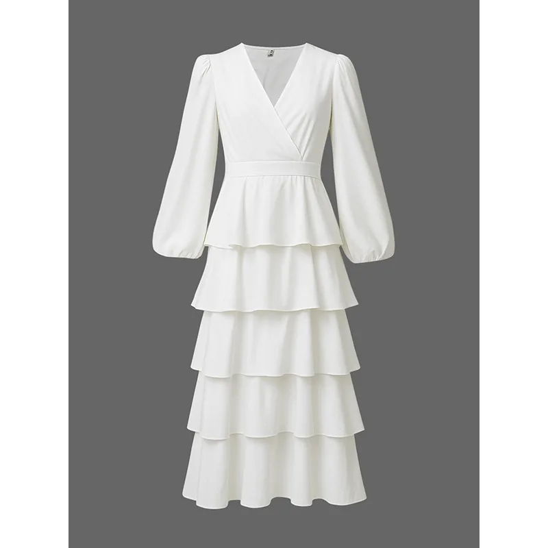 Branco decote em v manga puff em camadas bolo vestido 2026 primavera outono a linha de cintura alta multi camada casamento convidado vestidos max 189238