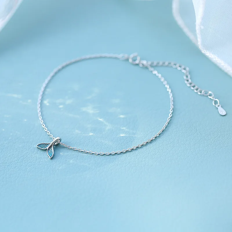 Cold wind S925 silver blue enamel mermaid creative tail cute fish tail anklet