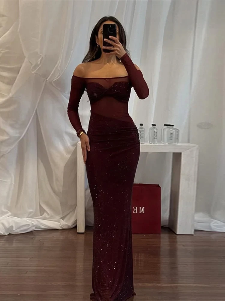 우아한 스팽글 메쉬 시스루 롱 파티 드레스 여성 오프숄더 긴팔 시스루 드레스 여성용 글리터 이브닝 가운