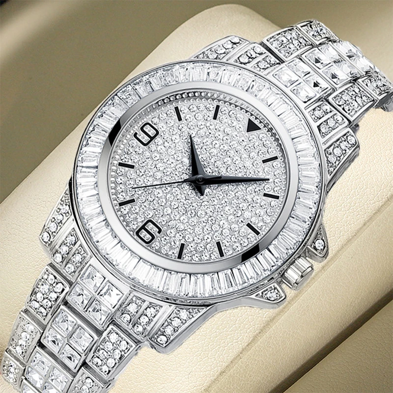 Full Diamond Design Ladies Watches Luxury Brands 41mm Arabic Dial Silver Stainless Steel Quartz Watch Women Gift 3Bar Waterproof