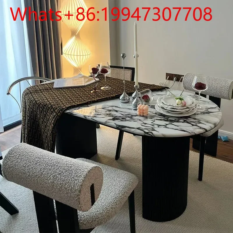 

Natural pattern luxury grade medieval style long table marble furniture villa banquet hall family dinner