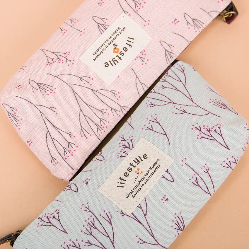 Cute Kawaii Floral Flower Canvas Zipper Pencil Cases Fabric Flower Tree Pen Bags School Supplies