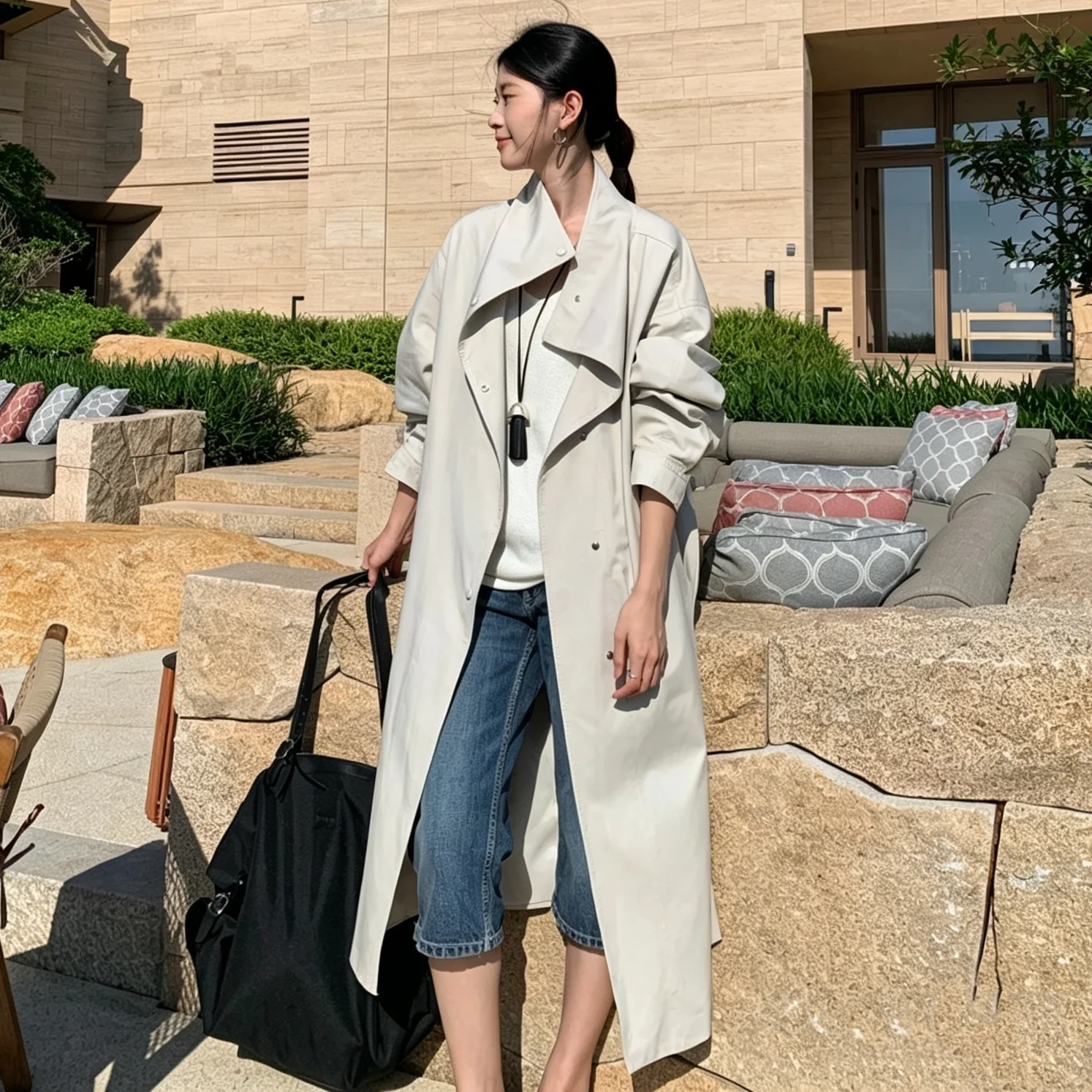 RU 2026 New Fashion Ladies Maxi Wind Coat Snap Button Pocket Loose Fit Outerwear For Autumn Daily Street Outfit