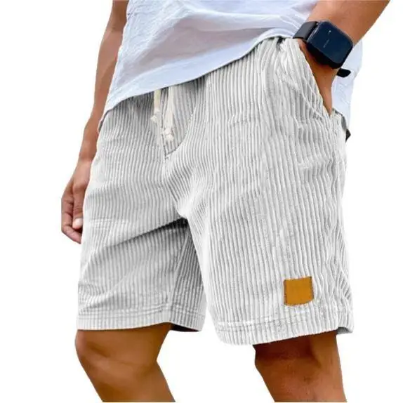 Retro Embroidered Logo Corduroy Casual Men's Shorts Summer Five-Quarter Length Pants Vintage Style Khaki Color Slightly Elastic