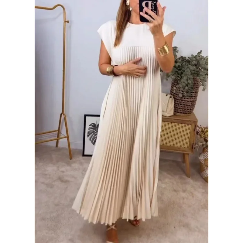 Pleated Dress O Neck Sleeveless Women Ankle Length Dresses Pullover Folds Solid Color Casual Loose Fit Vestidos 2024 Basics