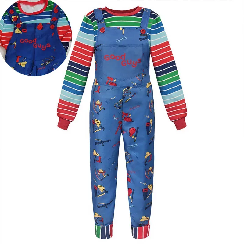 

Adult Chucky Cosplay Costume with Striped Shirt and Jumpsuit for Chucky Overalls Halloween Costumes