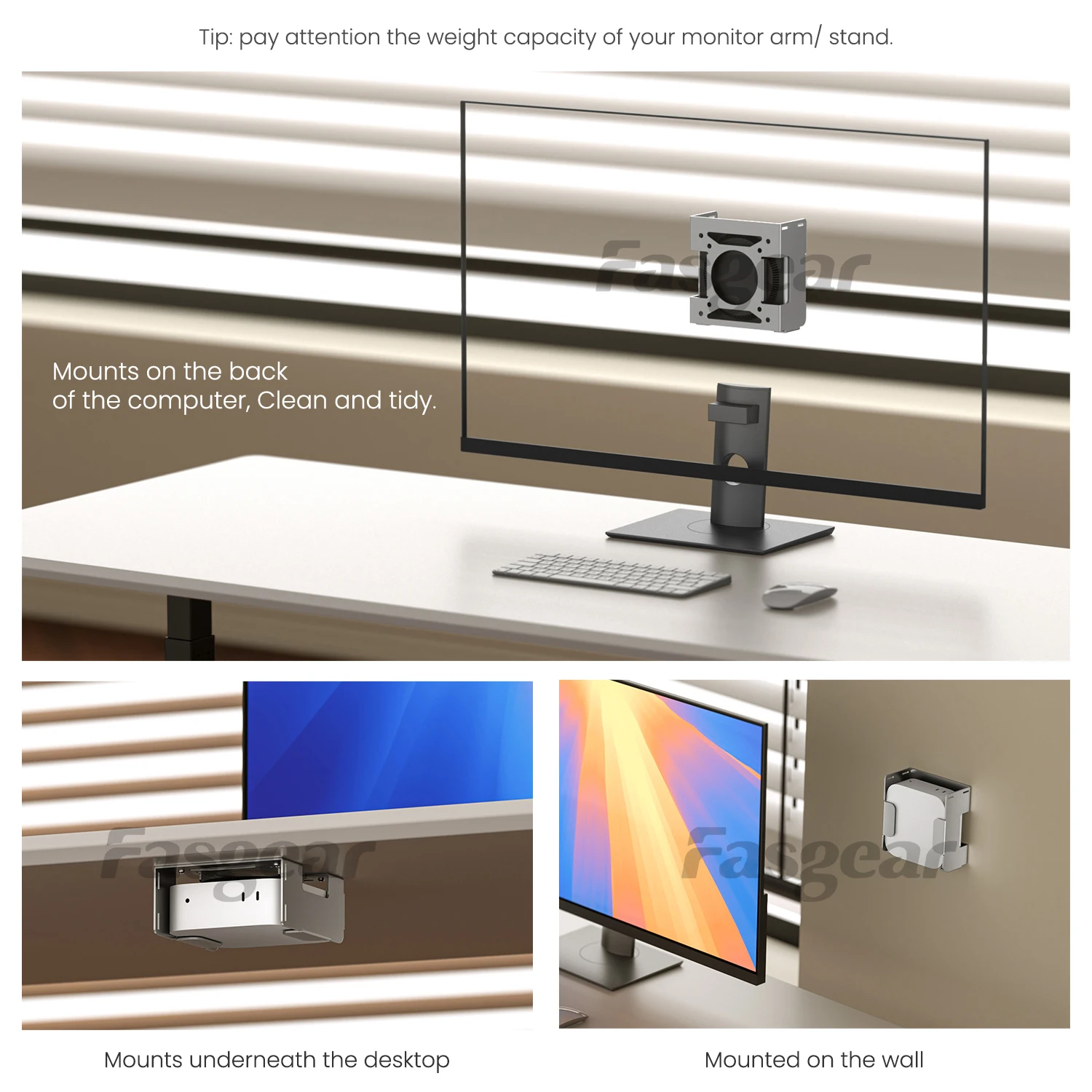 Fasgear Pure Aluminum Metal VESA Mount for Mac-mini M4 2024, Monitors Mounting Bracket for Under Desk with Anti-theft Function