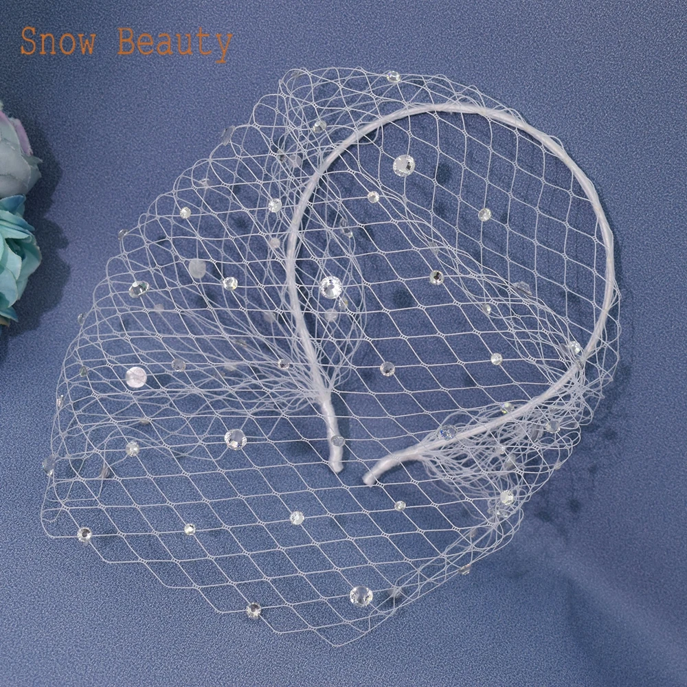 JM24 Bridal Short Veil with Rhinestone Fascinator Mesh Veil Single-layered Birdcage Veil for Wedding White Blusher Headpiece