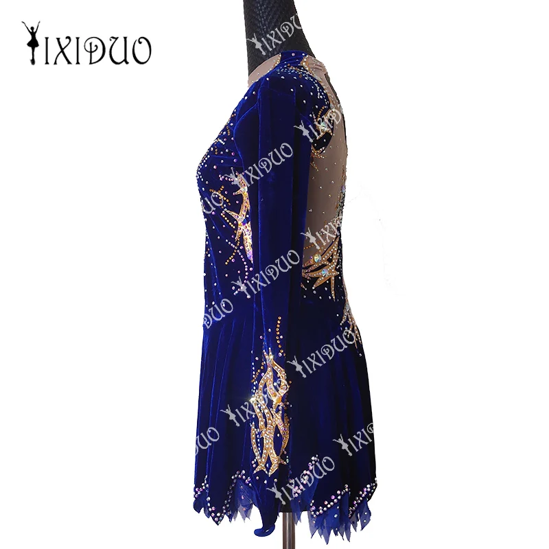Royal Blue Ice Figure Skating Dress With Handmade Crystal Rhinestone For Women Girls Long Sleeve Competition Performance Wear