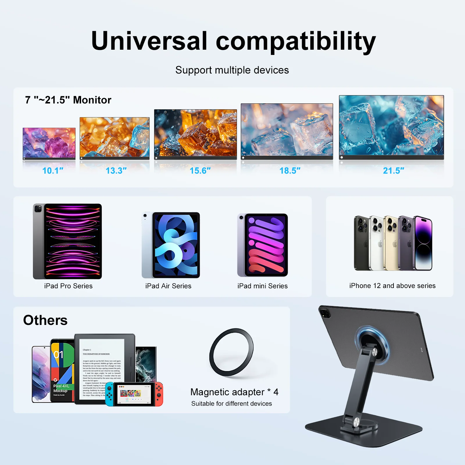 360° Stand for Portable Monitor Magnetic Bracket Aluminum Alloy Desktop Holder 3KG Load Capacity Ultra Stable for Phone Tablet