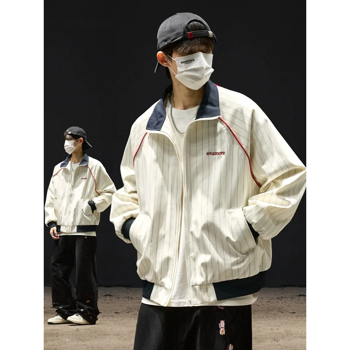 Casual Oversize Retro Striped Stand Collar Jacket Unisex Spring Summer Fashionable All-Match Outerwear Waterproof Polyester B...
