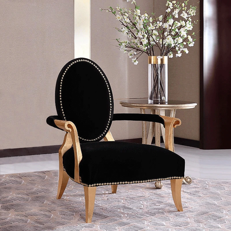 Neoclassical fabric leisure chair, solid wood book chair, American light luxury single dining chair, living room