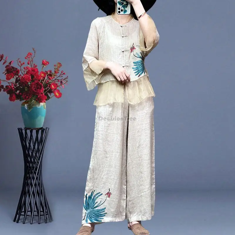 2023 summer chinese national style printed disc button stand collar ramie patchwork blouse long pants casual set female s335