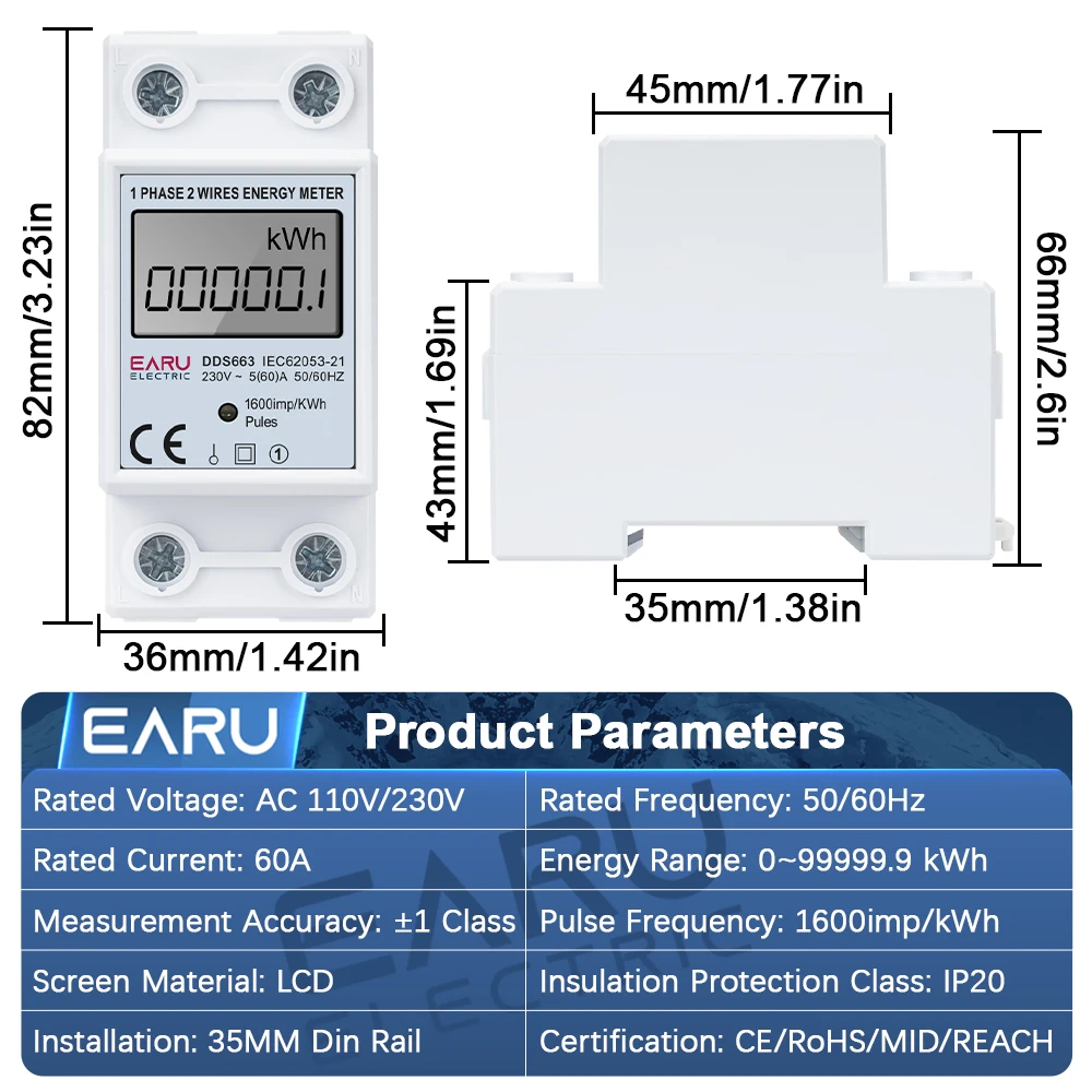 EARU AC110V 220V 60A 50/60Hz Digitaler LCD-Anzeige Einphasiger Wattstunden-KWh-Elektroenergie-Verbrauchsmesser Test-Monitor – Detail 2