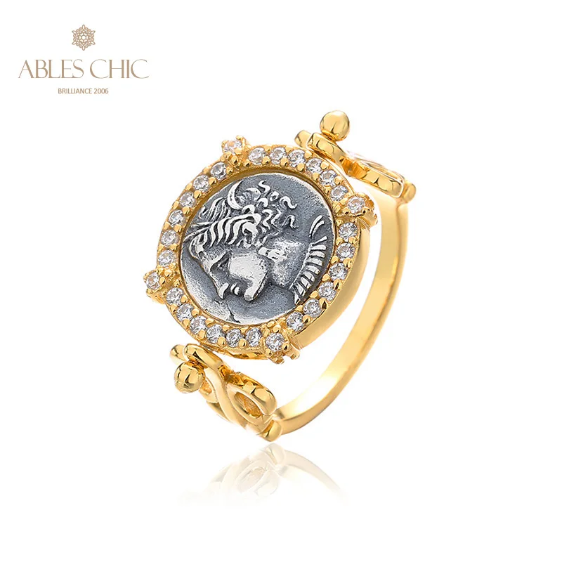 Ables Chic Greek Carthaginian Goddess Flipping Silver Coin Solid 925 Silver Roman Coins Rotating Vintage Ring R1006